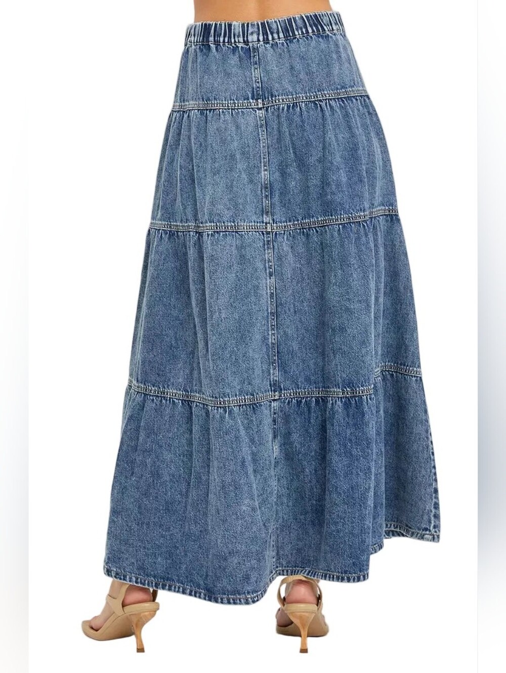Risen High-Rise Button Elastic Waist Tiered Ruffle Cotton Denim Maxi Jean Skirt - Picture 5 of 14